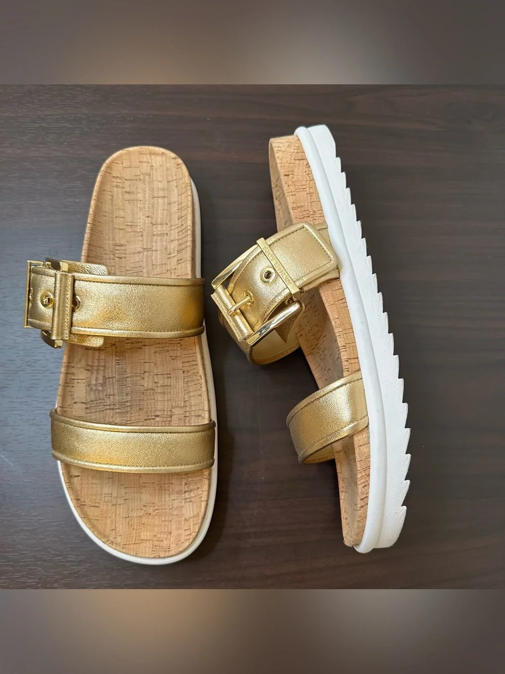 Michael Kors Colby Gold Leather Slide Sandals Buckle Cork Footbed Women's 11